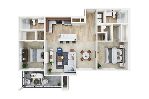 Floor plan for 2 beds, 2 baths, 1045 sqft